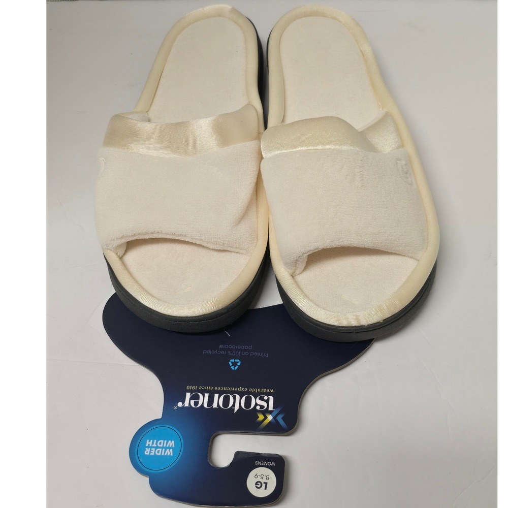 Isotoner Womens Terry Slide Slippers White Cream Size Large 8.5-9 WW NWT